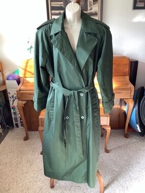 Vtg 80's CHIANGO Fleet Street Shiny Green TRENCH COAT Removable Liner Women's 10